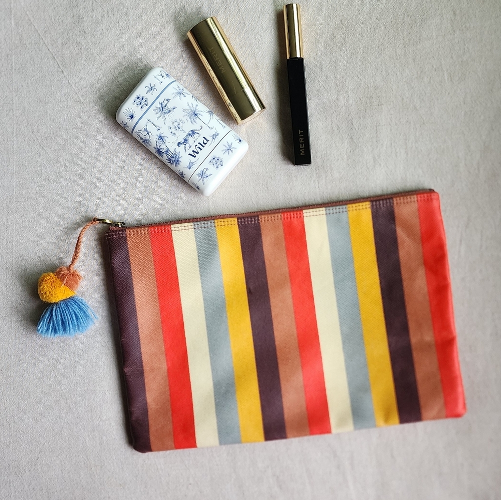 Madewell Stripped Waxed Canvas Pouch With Pom Pom Zipper Pull